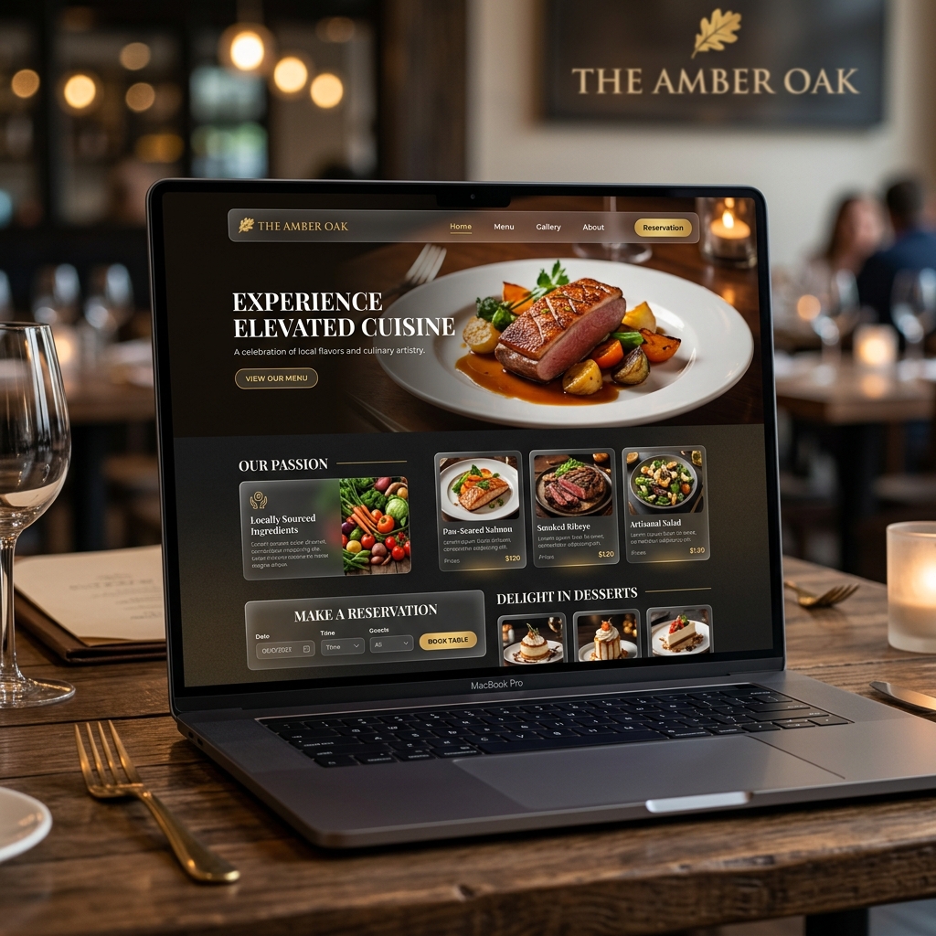 Web del restaurante The Amber Oak con diseño oscuro y sistema de reservas